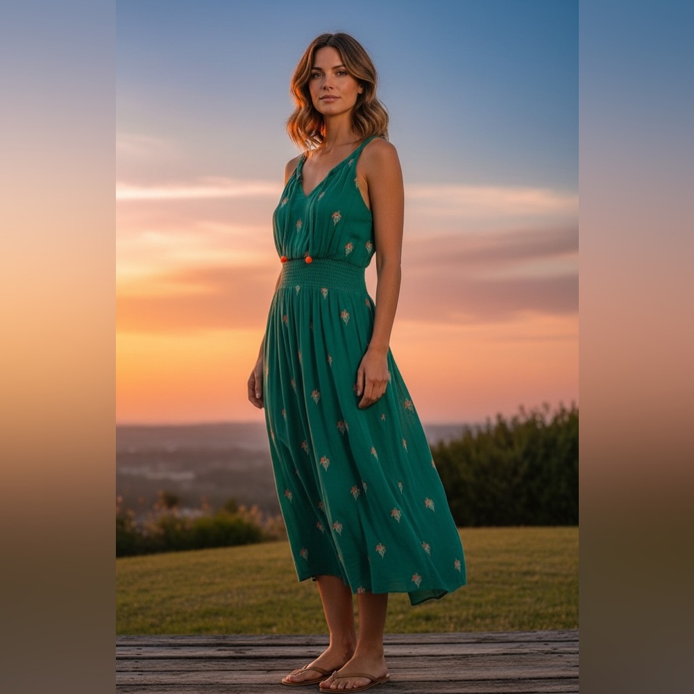 Floreat Teal Dress with Orange Embroidery
